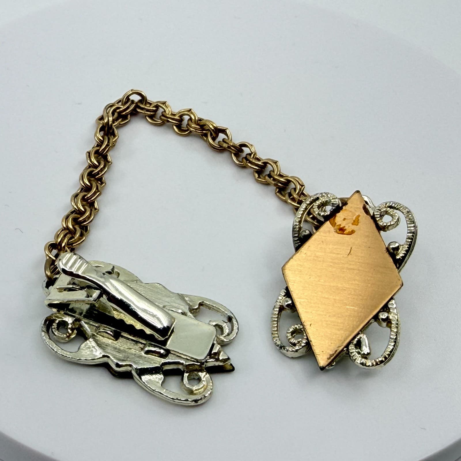 Vintage Mid-Century Two Tone Geometric Lozenge Sweater Guard Cardigan Clip Chain - Thumbnail 5