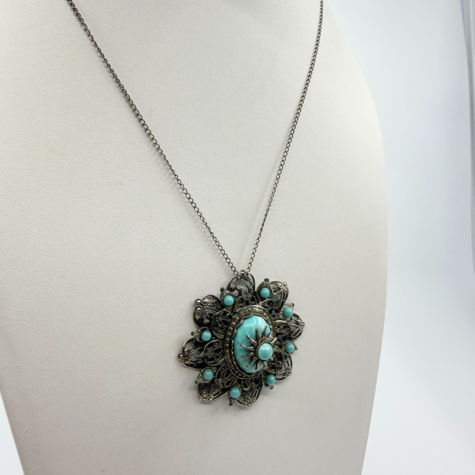 Vintage Silver Tone Faux Larimar Filigree Sunburst Statement Pendant Necklace - Thumbnail 7