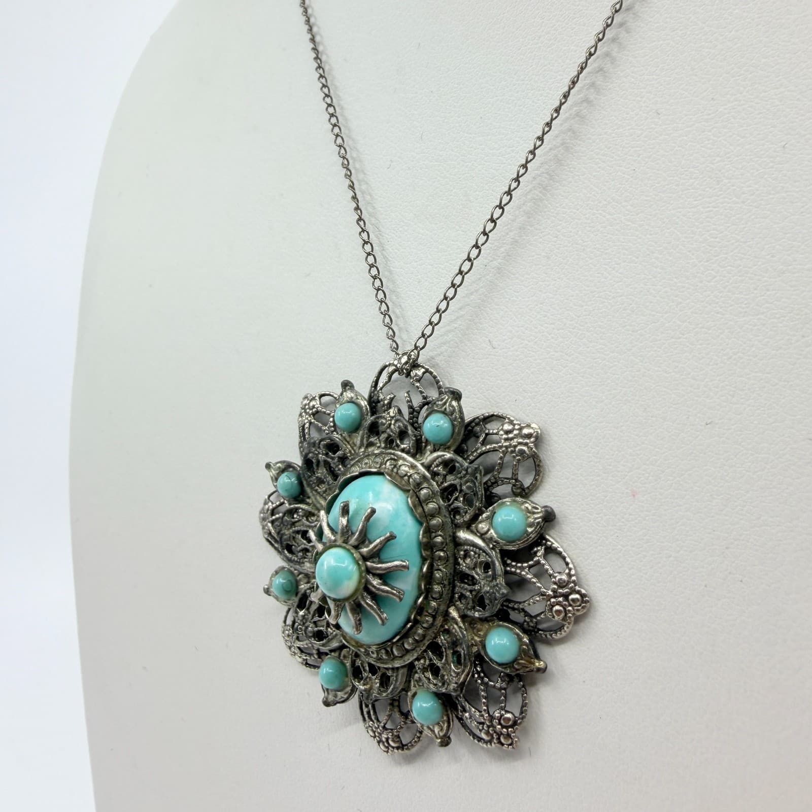 Vintage Silver Tone Faux Larimar Filigree Sunburst Statement Pendant Necklace - Thumbnail 5
