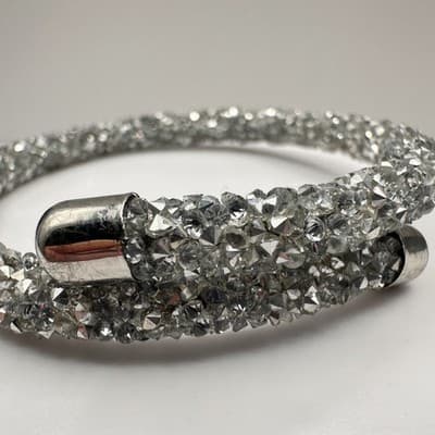 Vintage 90s Silver Tone Glass Mesh Wrap Bracelet Boho Glam Jewelry - Thumbnail 6