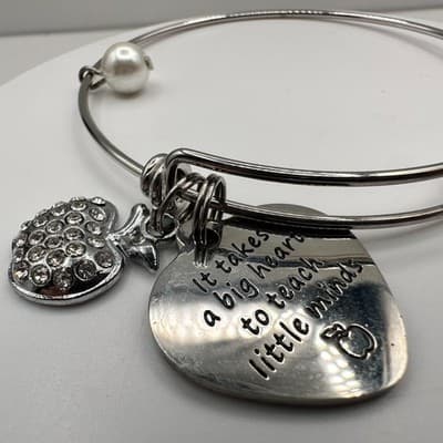 Vintage 90s Silver Tone Teacher Bangle Bracelet Apple Heart Initial M Charm Y2K - Thumbnail 3
