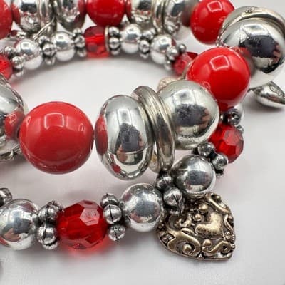 Vintage 90s Y2K Red Silver Heart Charm Beaded Stretch Bracelet Set Statement Y2K - Thumbnail 5
