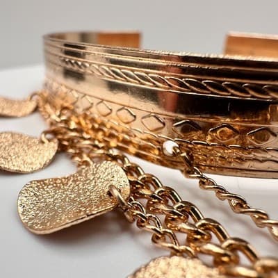 Vintage 90s Gold Tone Boho Cuff Bracelet with Coin Charms and Etched Design Boho - Thumbnail 3