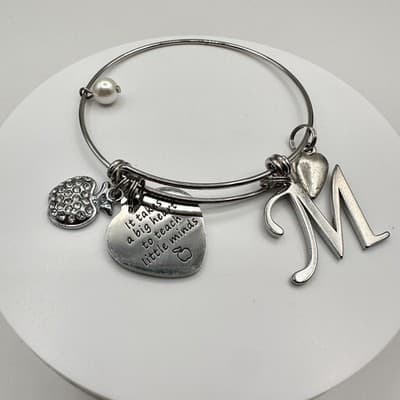 Vintage 90s Silver Tone Teacher Bangle Bracelet Apple Heart Initial M Charm Y2K - Thumbnail 2