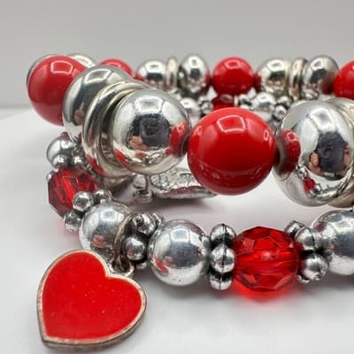 Vintage 90s Y2K Red Silver Heart Charm Beaded Stretch Bracelet Set Statement Y2K - Thumbnail 3