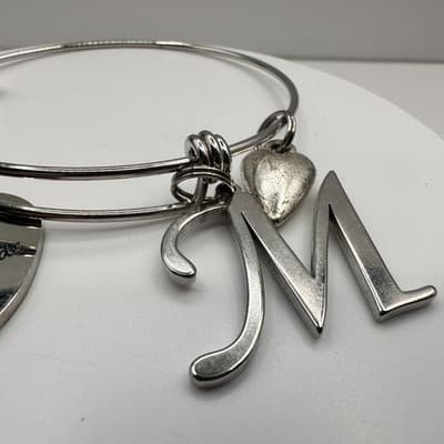 Vintage 90s Silver Tone Teacher Bangle Bracelet Apple Heart Initial M Charm Y2K - Thumbnail 4