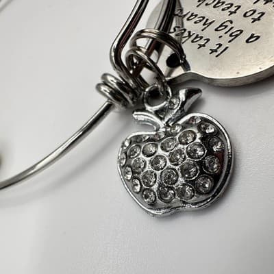 Vintage 90s Silver Tone Teacher Bangle Bracelet Apple Heart Initial M Charm Y2K - Thumbnail 7