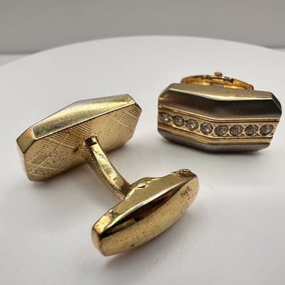 Vintage 90s Gold Tone Glass Rhinestone Cufflinks Classic Men's Fashion Jewelry - Thumbnail 3