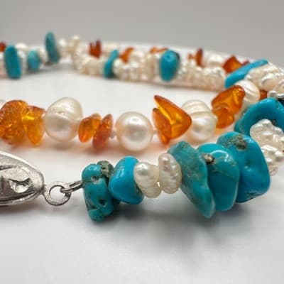 Vintage 90s Multi-Stone Pearl Turquoise Amber Bracelet Set Silver Tone Jewelry - Thumbnail 8