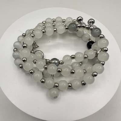 Vintage 90s White Glass Beaded Wrap Bracelet Silver Tone Adjustable Jewelry Boho - Thumbnail 2