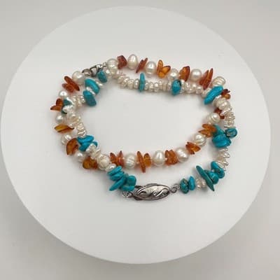Vintage 90s Multi-Stone Pearl Turquoise Amber Bracelet Set Silver Tone Jewelry - Thumbnail 2