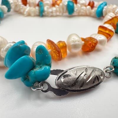 Vintage 90s Multi-Stone Pearl Turquoise Amber Bracelet Set Silver Tone Jewelry - Thumbnail 4