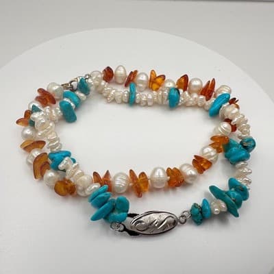 Vintage 90s Multi-Stone Pearl Turquoise Amber Bracelet Set Silver Tone Jewelry - Thumbnail 7
