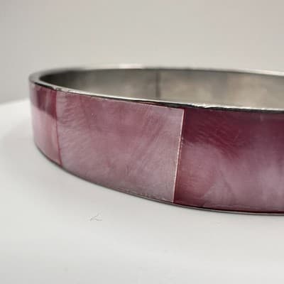 Vintage 80s Pink Mother of Pearl Inlay Bangle Bracelet Silver Tone Boho Style - Thumbnail 2