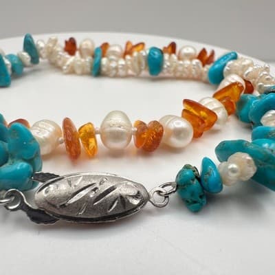 Vintage 90s Multi-Stone Pearl Turquoise Amber Bracelet Set Silver Tone Jewelry - Thumbnail 6