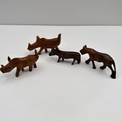Vintage 90s Hand Carved Wood Animal Set Rhino Zebra Lion Safari Figurines Retro - Thumbnail 2