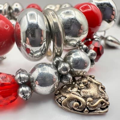 Vintage 90s Y2K Red Silver Heart Charm Beaded Stretch Bracelet Set Statement Y2K - Thumbnail 4