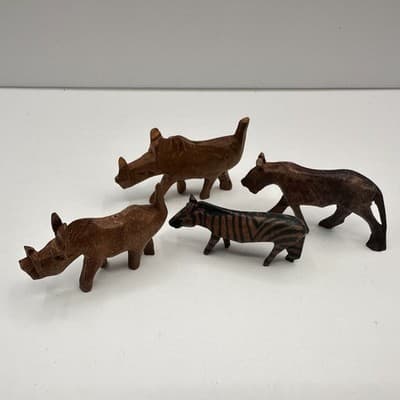 Vintage 90s Hand Carved Wood Animal Set Rhino Zebra Lion Safari Figurines Retro - Thumbnail 7