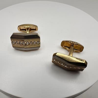 Vintage 90s Gold Tone Glass Rhinestone Cufflinks Classic Men's Fashion Jewelry - Thumbnail 7
