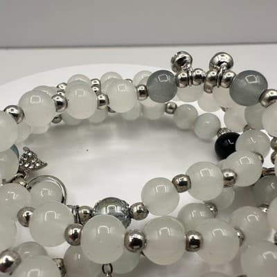 Vintage 90s White Glass Beaded Wrap Bracelet Silver Tone Adjustable Jewelry Boho - Thumbnail 4