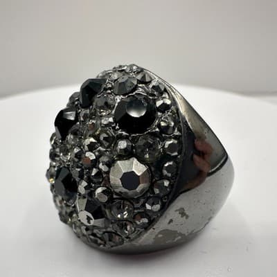 Vintage 90s Silver Tone Dome Ring with Black Rhinestone for Women Jewelry Boho - Thumbnail 2