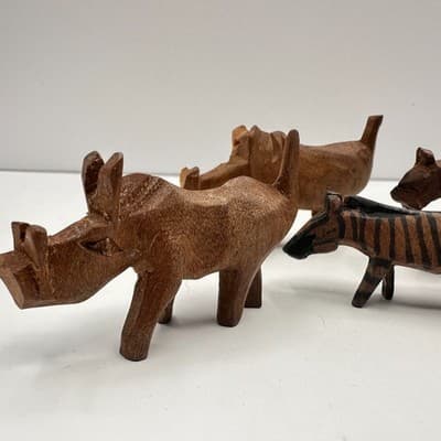 Vintage 90s Hand Carved Wood Animal Set Rhino Zebra Lion Safari Figurines Retro - Thumbnail 8