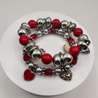Vintage 90s Y2K Red Silver Heart Charm Beaded Stretch Bracelet Set Statement Y2K - Thumbnail 2