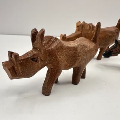 Vintage 90s Hand Carved Wood Animal Set Rhino Zebra Lion Safari Figurines Retro - Thumbnail 3