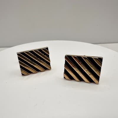 Vintage 80s Gold Tone Black Enamel Geometric Cufflinks for Men Jewelry Boho 90s