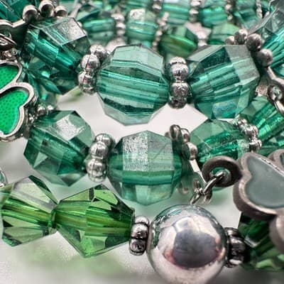 VTG 90s St Patrick Day Green Glass Bead Shamrock Charm Stretch Bracelet Set Y2K - Thumbnail 8