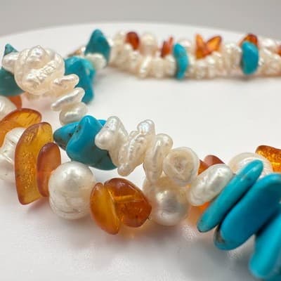 Vintage 90s Multi-Stone Pearl Turquoise Amber Bracelet Set Silver Tone Jewelry - Thumbnail 5