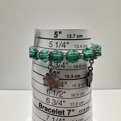 VTG 90s St Patrick Day Green Glass Bead Shamrock Charm Stretch Bracelet Set Y2K - Thumbnail 9