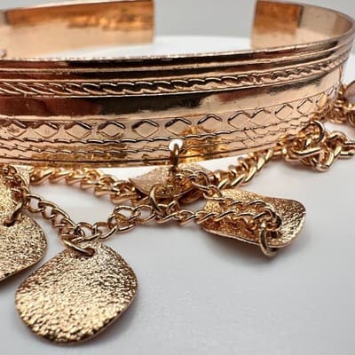 Vintage 90s Gold Tone Boho Cuff Bracelet with Coin Charms and Etched Design Boho - Thumbnail 6