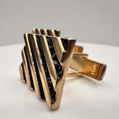 Vintage 80s Gold Tone Black Enamel Geometric Cufflinks for Men Jewelry Boho 90s - Thumbnail 6