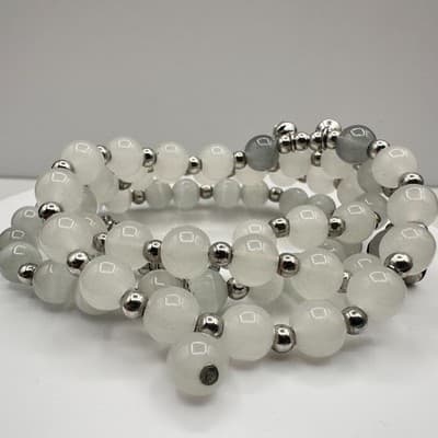 Vintage 90s White Glass Beaded Wrap Bracelet Silver Tone Adjustable Jewelry Boho - Thumbnail 3