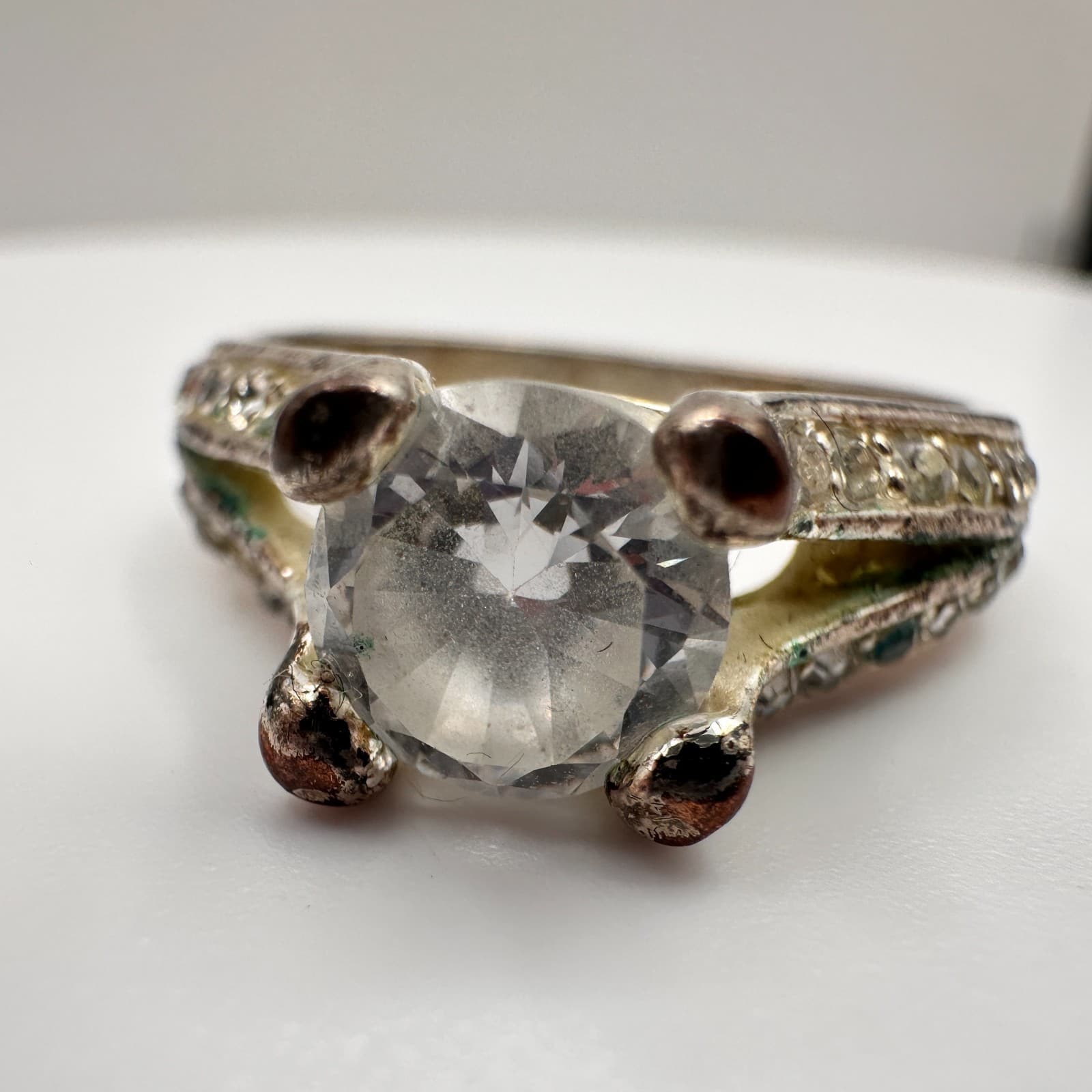 Vintage Y2K Silver Tone Clear Rhinestone Statement Round Ring for Women Boho 90s - Thumbnail 6