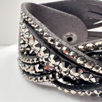 Vintage 90s Grey Suede Multi Strand Cuff Bracelet with Glass Crystals Boho Style - Thumbnail 3
