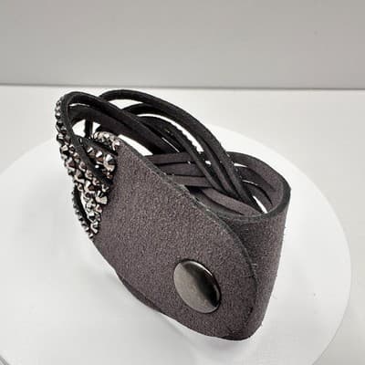 Vintage 90s Grey Suede Multi Strand Cuff Bracelet with Glass Crystals Boho Style - Thumbnail 7