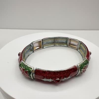 Vintage 90s Christmas Poinsettia Stretch Bracelet Red Green Glitter Enamel Boho - Thumbnail 2