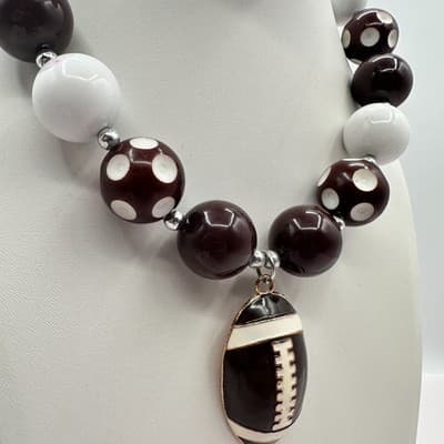 Vintage 90s Sports Football Pendant Necklace Brown White Polka Dot Chunky Beads - Thumbnail 6