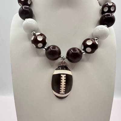 Vintage 90s Sports Football Pendant Necklace Brown White Polka Dot Chunky Beads - Thumbnail 2