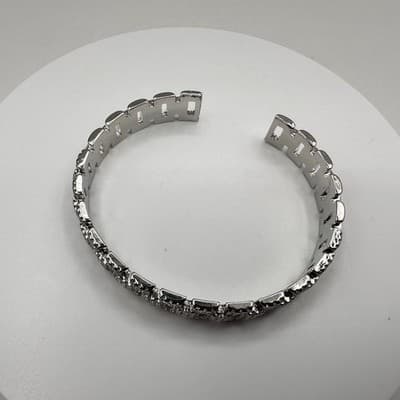 Vintage 90s Silver Tone Pave Glass Cuff Bracelet Geometric Link Fashion Jewelry - Thumbnail 6
