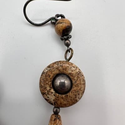 Vintage 90s Natural Jasper Stone Dangle Earrings Brown Boho Earthy Drop Jewelry - Thumbnail 5
