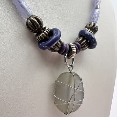 Vintage 90s Boho Wire Wrapped Stone Pendant Necklace Purple Glass Beaded Leather - Thumbnail 4