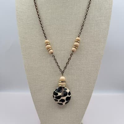 Vintage 90s Chunky Animal Print Pendant Necklace Boho Beaded Silver Tone Chain - Thumbnail 3