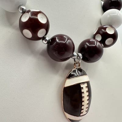 Vintage 90s Sports Football Pendant Necklace Brown White Polka Dot Chunky Beads - Thumbnail 5