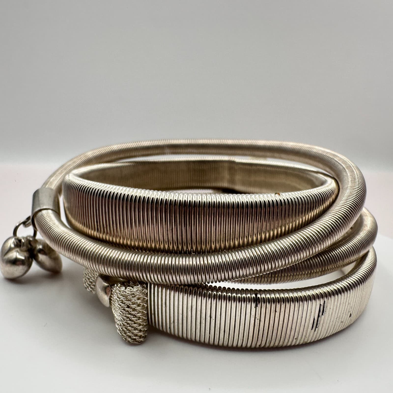 Vintage 90s Silver Tone Snake Coil Wrap Bracelet Heart Charms Mesh Bow Jewelry - Thumbnail 2