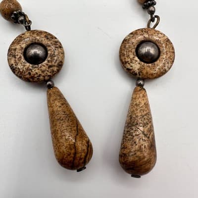 Vintage 90s Natural Jasper Stone Dangle Earrings Brown Boho Earthy Drop Jewelry - Thumbnail 6