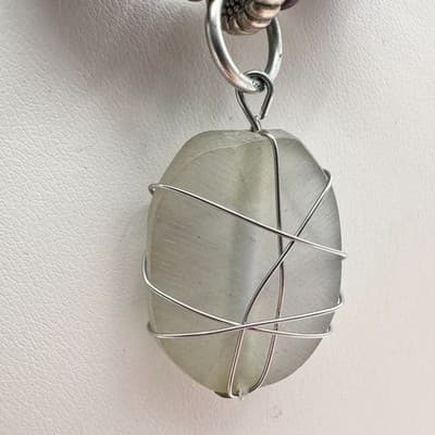 Vintage 90s Boho Wire Wrapped Stone Pendant Necklace Purple Glass Beaded Leather - Thumbnail 7