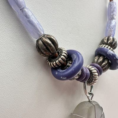 Vintage 90s Boho Wire Wrapped Stone Pendant Necklace Purple Glass Beaded Leather - Thumbnail 5